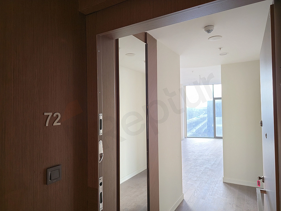 Modern apartment entrance hall, wooden door and lighting details