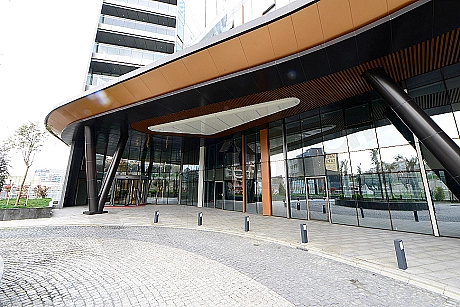 Modern building entrance facade with glass and metal details, landscape arrangement.