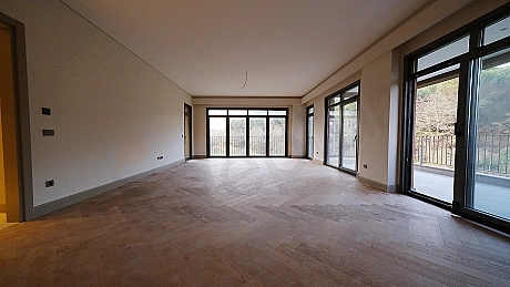 Spacious and bright living room interior.