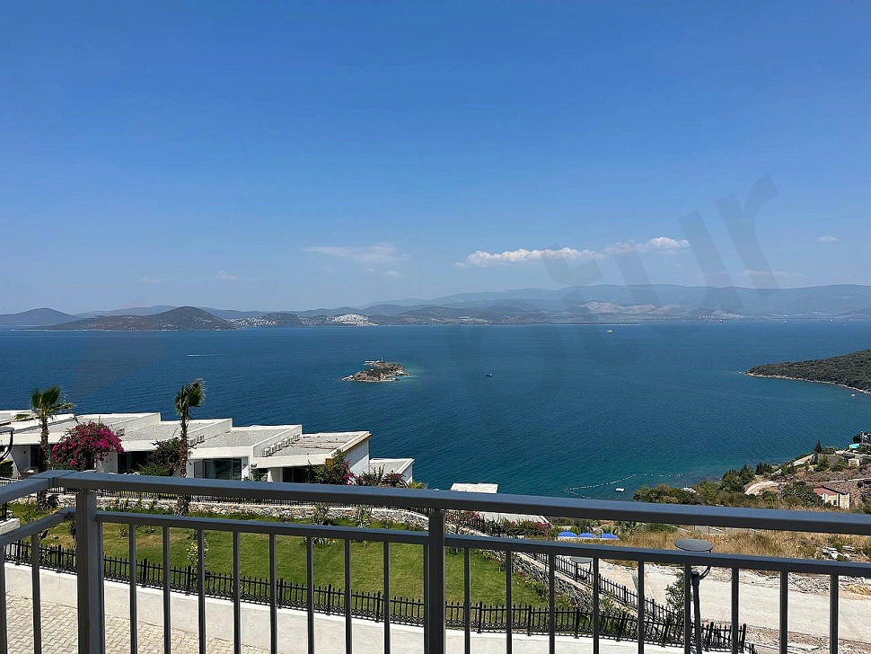 Panoramic view of the deep blue sea and coastline from a seafront location in Bodrum.