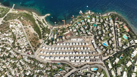 Uninterrupted panoramic view of the deep blue sea and coastline from a property in Bodrum.