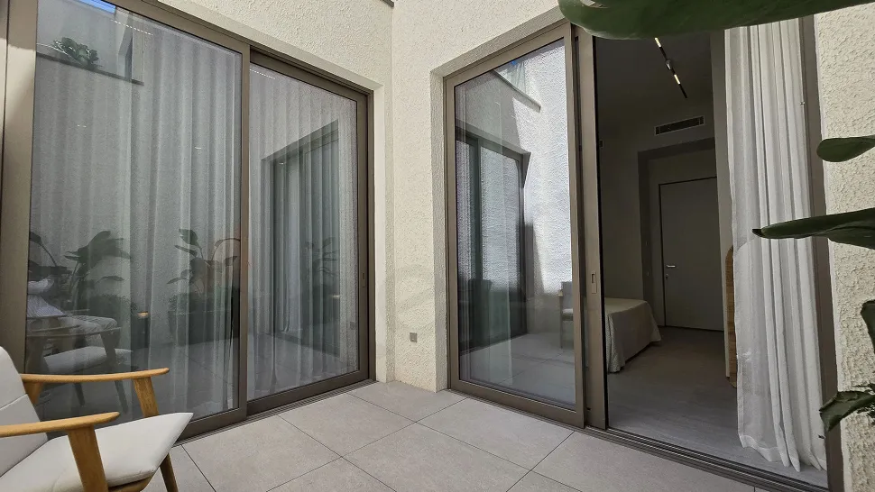 Spacious and modern terrace view of a detached house with sea view in Bodrum.