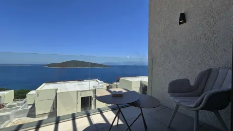 Spacious and modern balcony view of a luxury seafront villa in Bodrum.