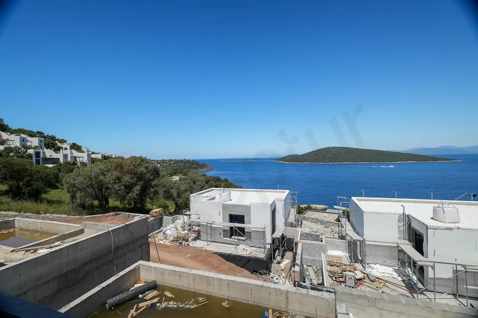 Wide-angle panoramic sea and coastline view along the Bodrum shores.