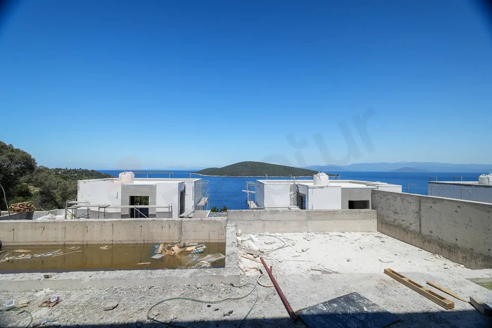 Wide-angle panoramic view showing the deep blue sea and coastline in Bodrum.