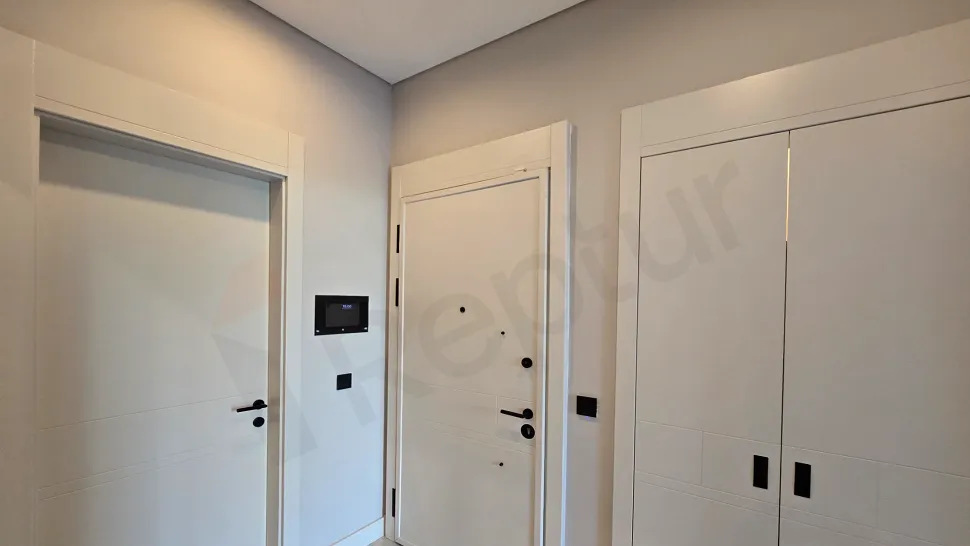 Modern and stylish entrance hallway of a furnished residence apartment with contemporary decor.