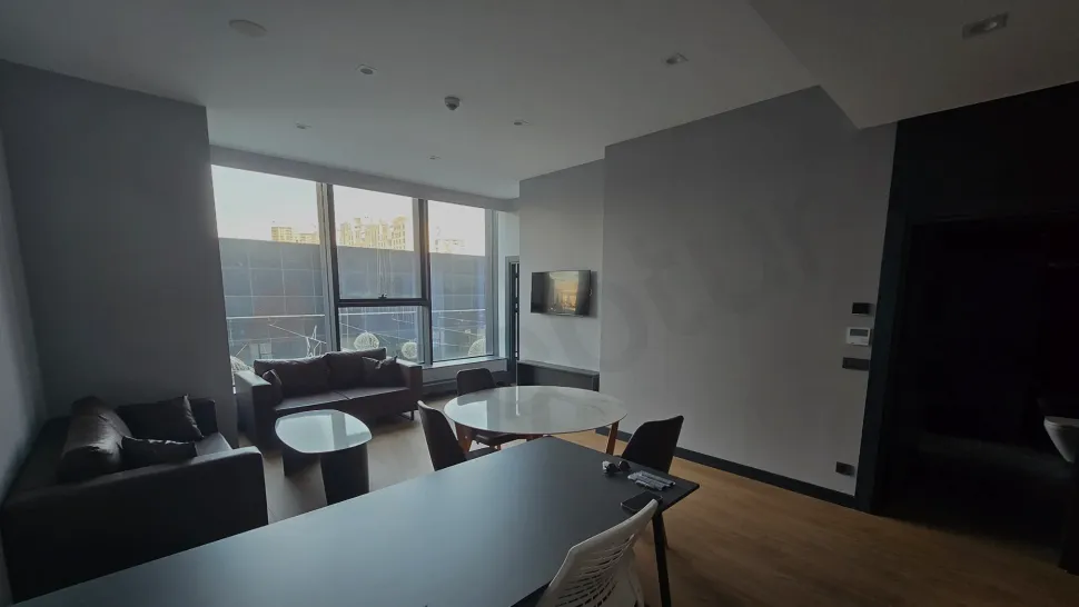 Modern furnished living room interior with stylish decoration and seating area.