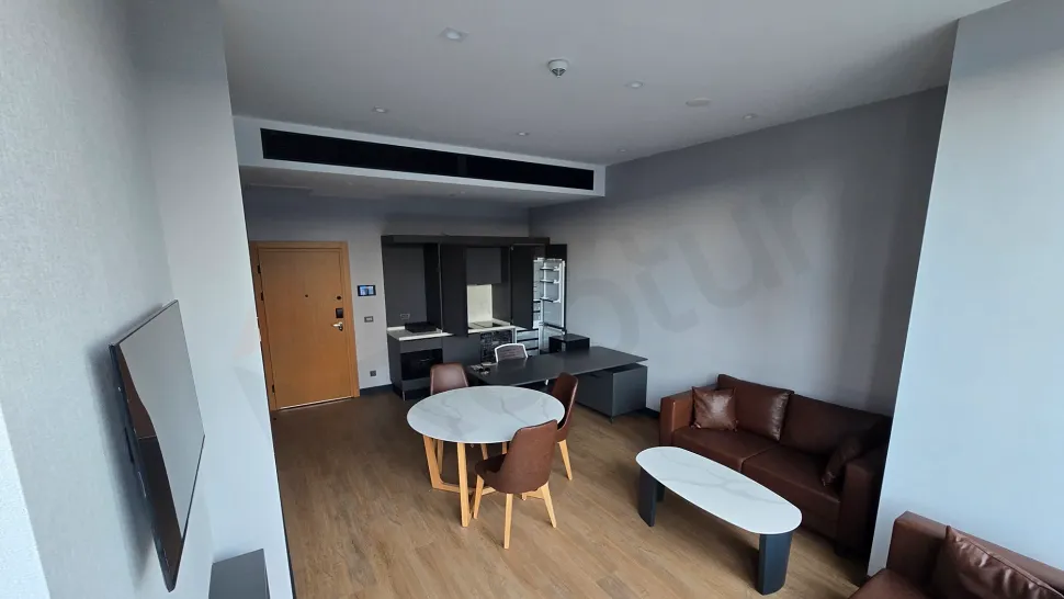 Modern furnished open kitchen design and stylish interior view of a 1+1 apartment.