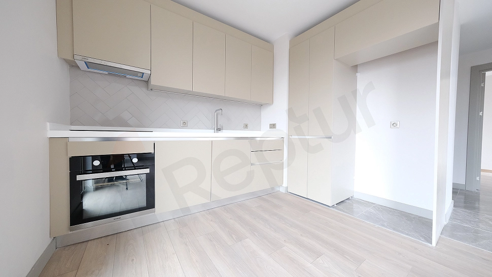 Detail of modern kitchen countertop and cabinets.