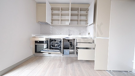 Modern kitchen countertop and cabinets.