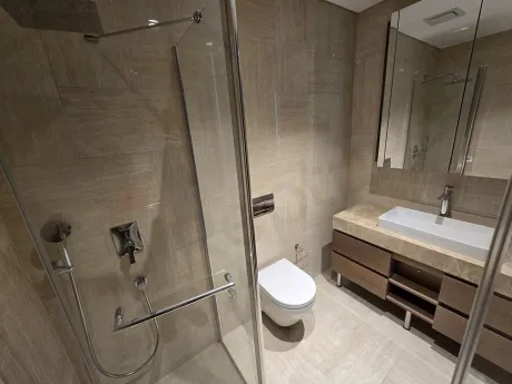 Modern design bathroom interior with washbasin and stylish ceramic tiles