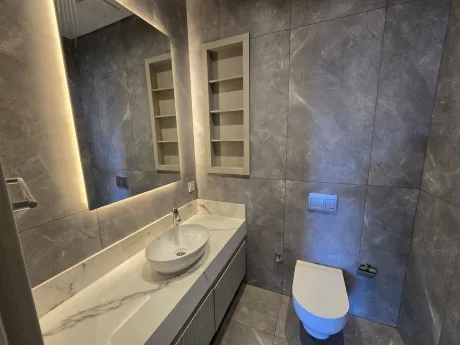 Modern design, large and spacious bathroom interior.