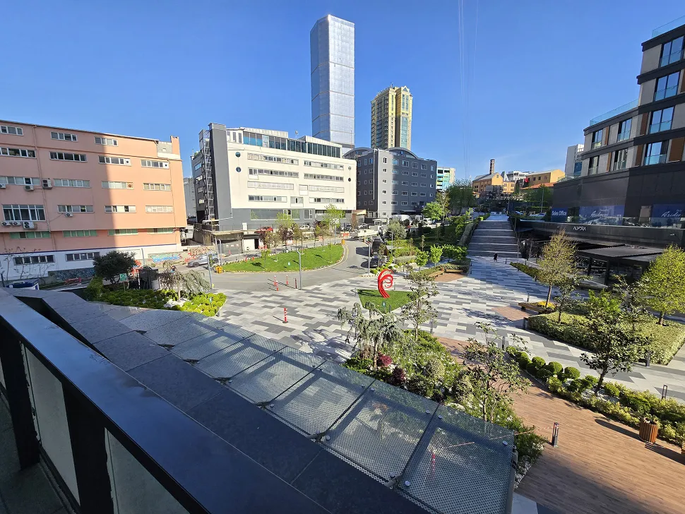 View of a spacious and modern balcony.