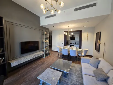 Interior view of a modern and spacious living room.