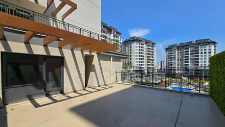Spacious, airy, and modern open terrace area of a building in Beylikdüzü, Istanbul.