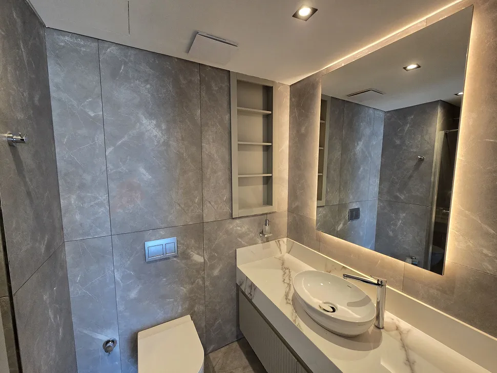 Interior view of a modern and stylishly designed bathroom