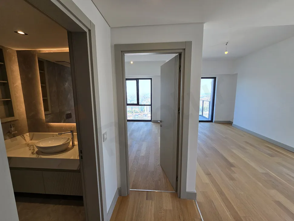 A modern designed, stylish interior staircase of an apartment.