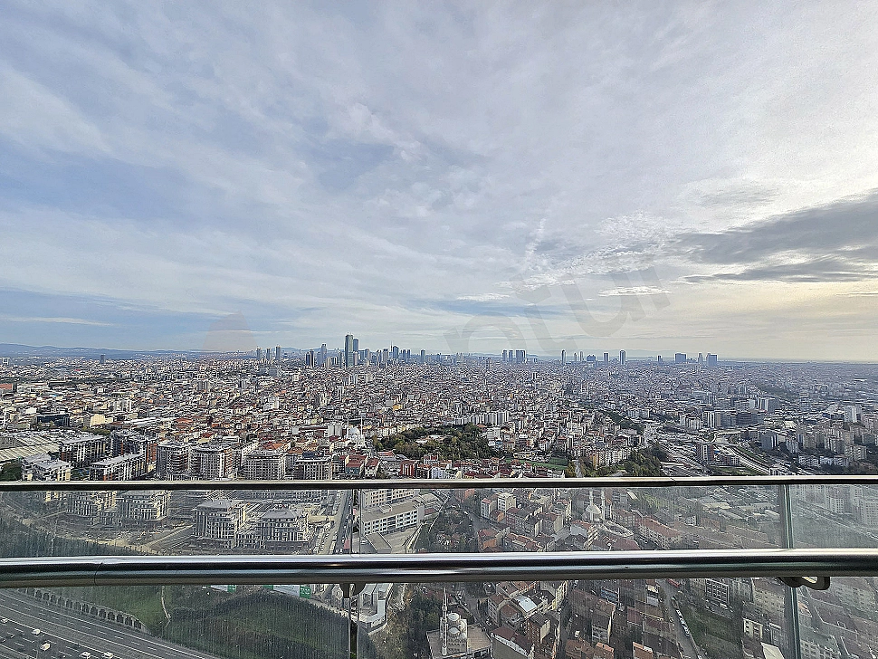 Panoramic view of a modern apartment with sea and city views in Sarıyer, Istanbul.