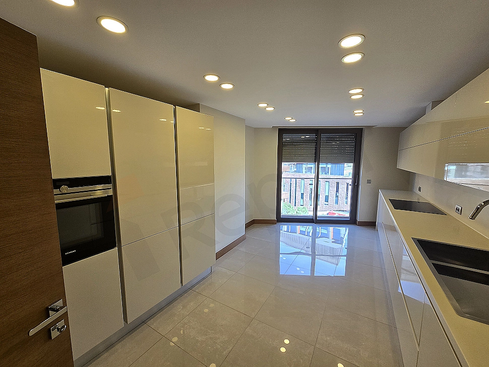 Modern kitchen counter, built-in white goods and large windows