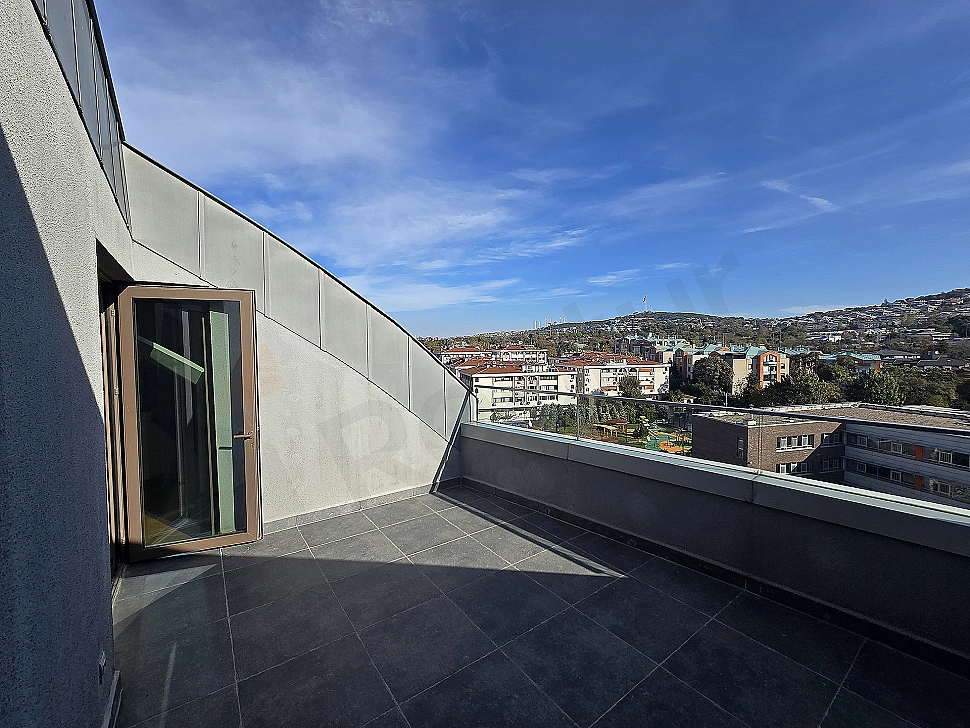 Seating area on a large roof terrace with potted plants, city view, and sky.
