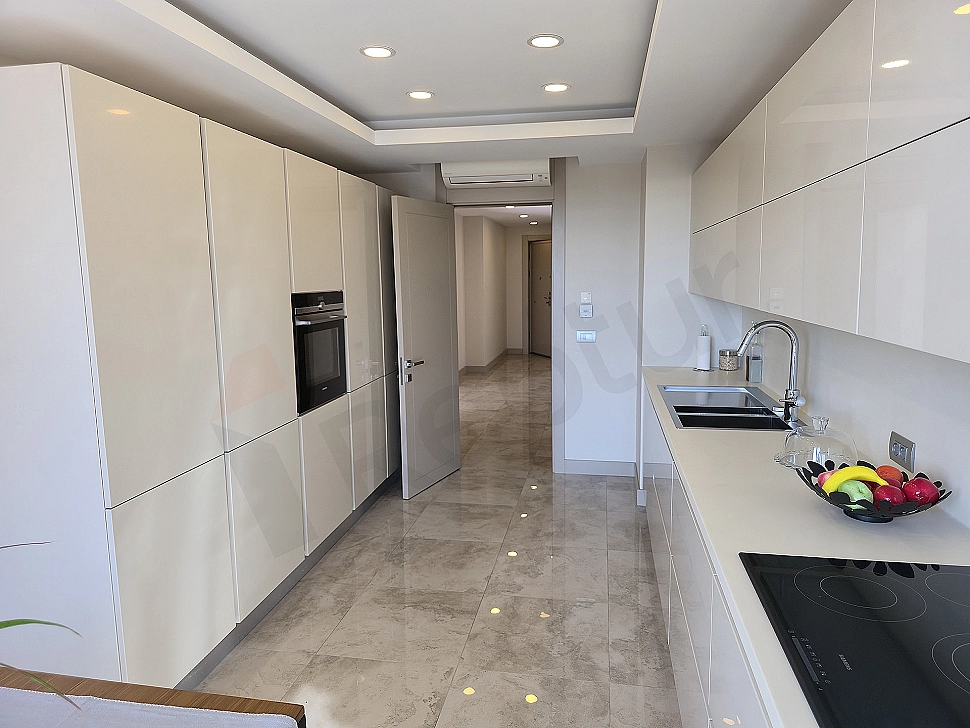 Luxury apartment kitchen with modern cabinets, built-in appliances, and a spacious countertop.
