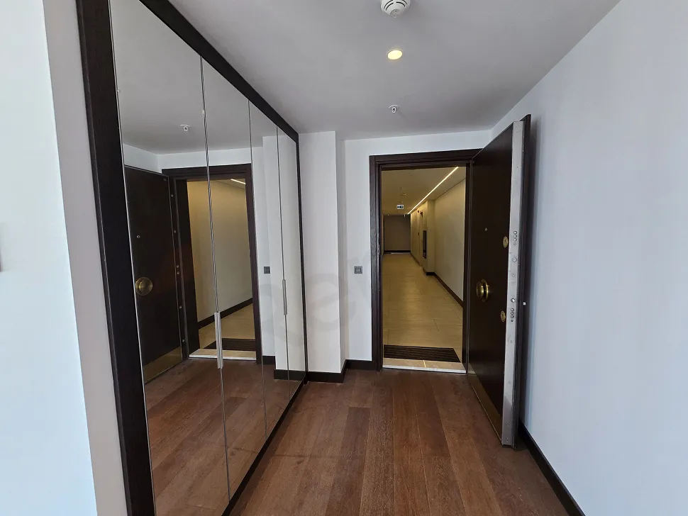 View of the entrance hall and foyer area of a modern and stylish apartment.