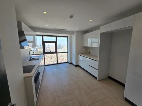 Spacious kitchen with modern design, stylish kitchen cabinets and countertop view