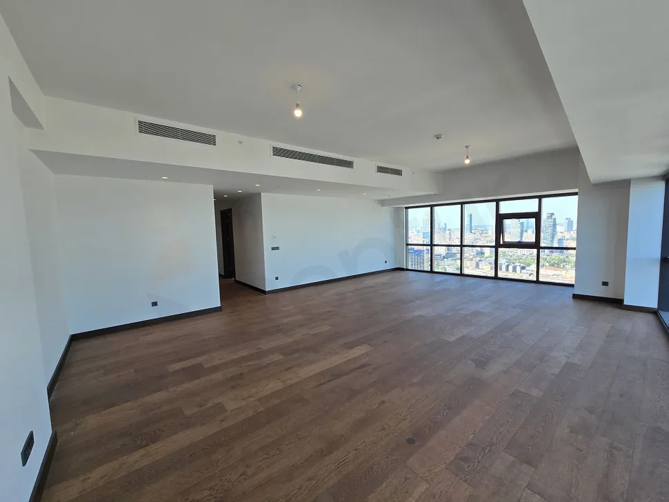 Spacious and bright dining room area of a modern residence apartment.
