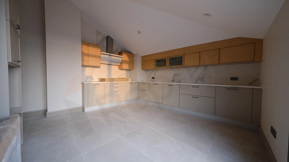 Modern kitchen countertop and cabinets.