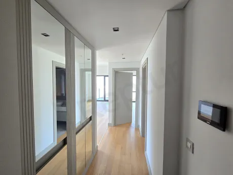 Modern and stylish entrance door and hallway area of a residence apartment.