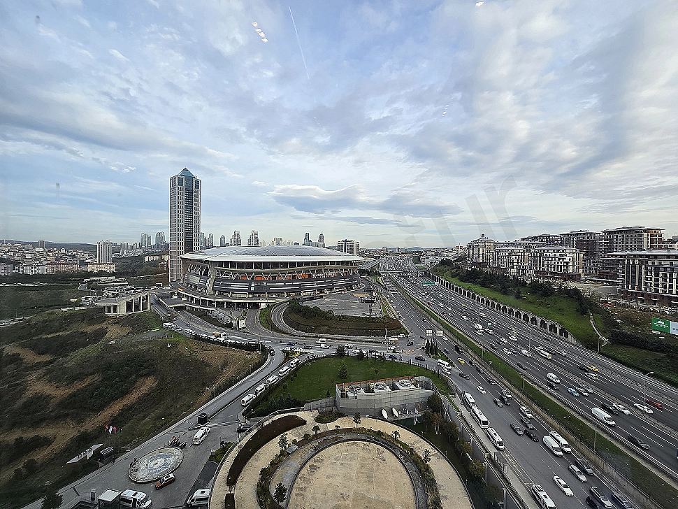 City view modern apartment balcony and panoramic city silhouette in Sarıyer, Istanbul.