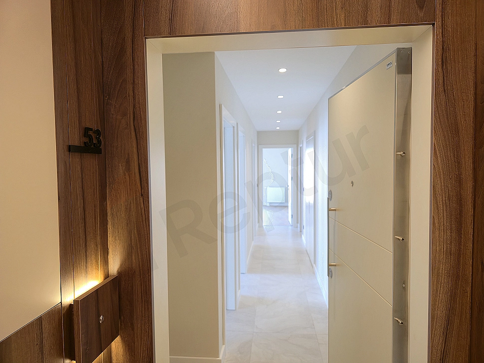 Modern apartment entrance door and coat rack detail.