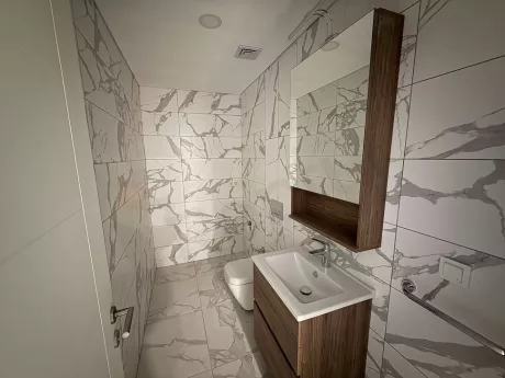 Interior view of a modern and spacious bathroom.