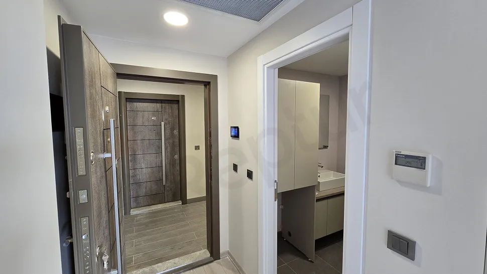 View of the entrance door and hallway area of a modern apartment.