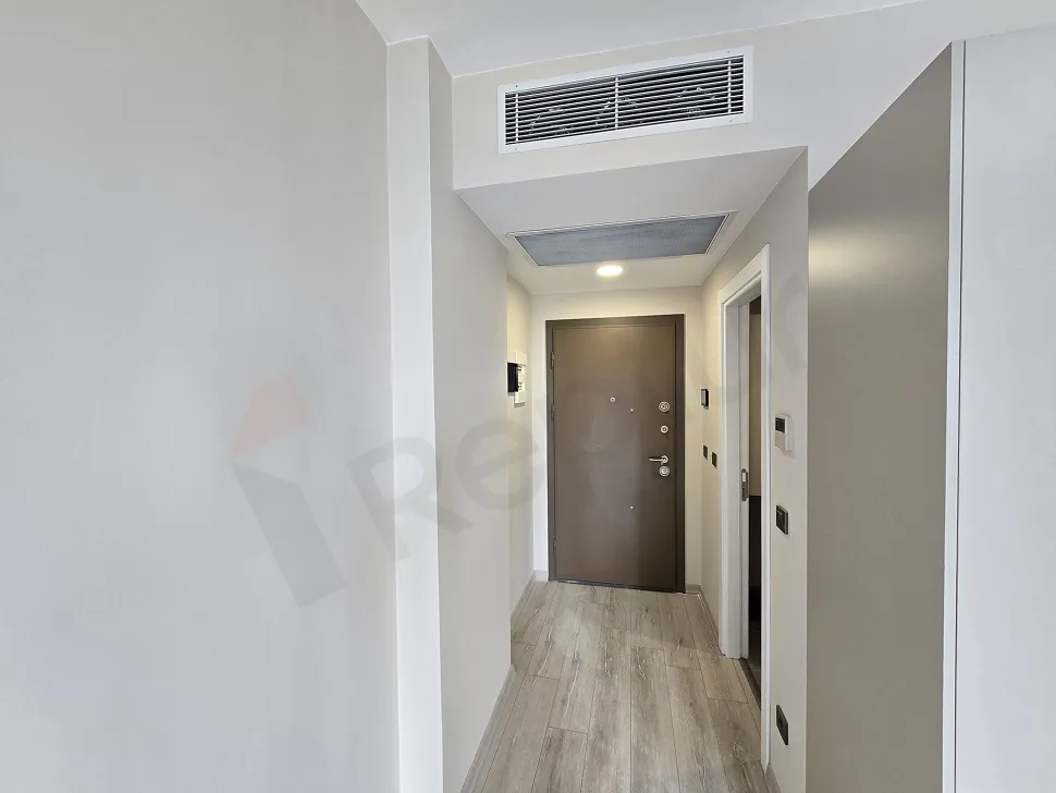 Entrance door and hallway of a modern studio apartment.