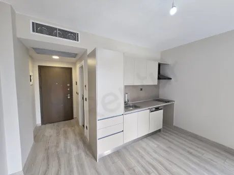 Modern designed open-plan kitchen area with kitchen cabinets