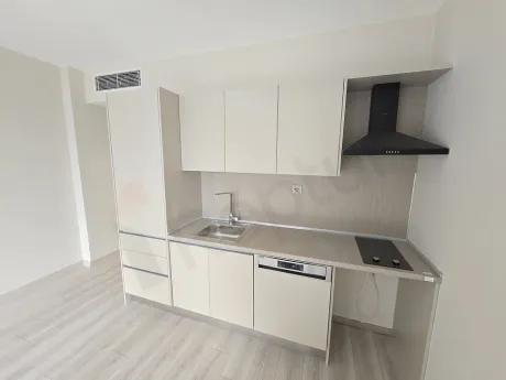 Modern design open-plan kitchen with kitchen cabinets and countertop area.