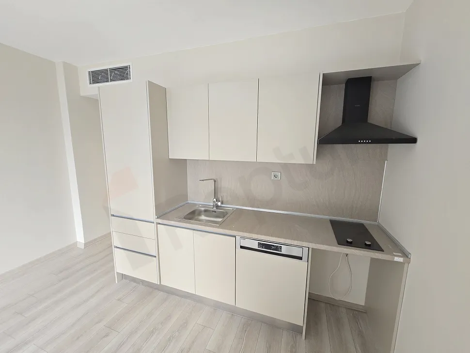 Modern design open-plan kitchen with kitchen cabinets and countertop area.
