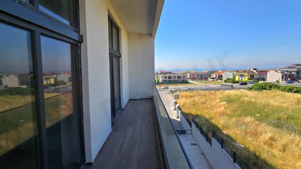 Modern residence balcony with sea and city views in Beylikdüzü, Istanbul.