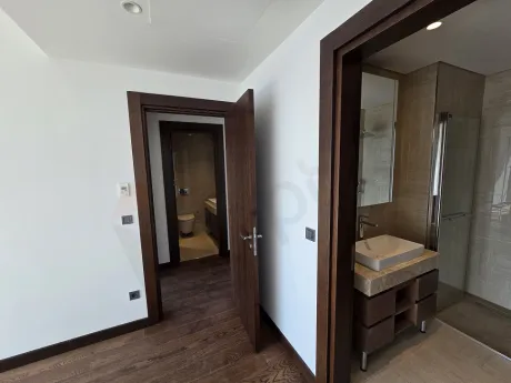Modern interior staircase design and apartment interior view.