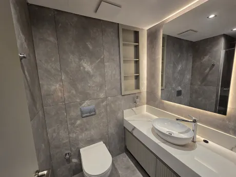 Modern and stylish interior design of a luxury residence apartment bathroom.