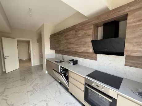 Modern kitchen area with spacious countertops and stylish cabinets in a new apartment.