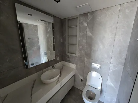 Interior view of a modern and stylish bathroom.