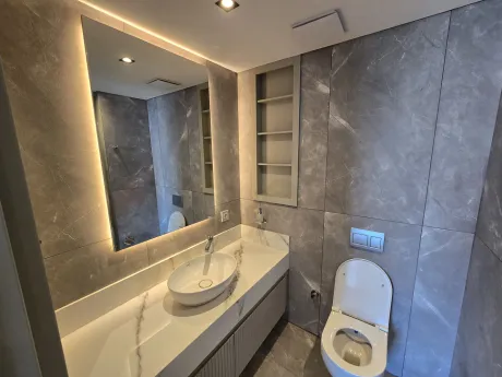 Modern design bathroom interior with stylish fixtures.
