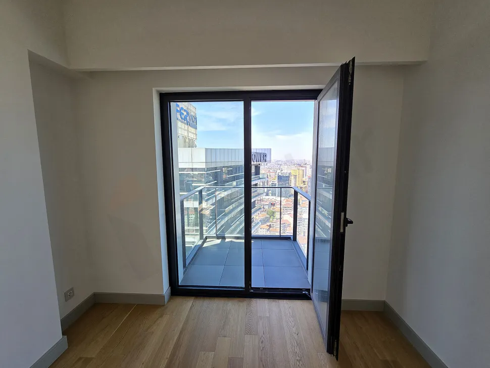 Spacious balcony of a modern residence apartment with a city view located in Sisli, Istanbul.