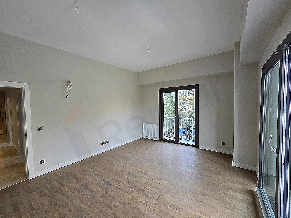 Modern living room design, minimalist decoration, large window.