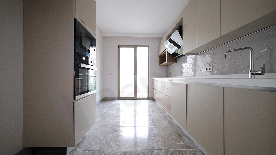 Modern kitchen countertop and cabinets.