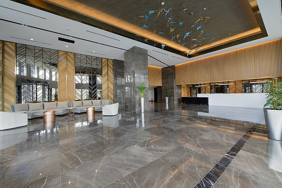 Modern building entrance and landscape arrangement.