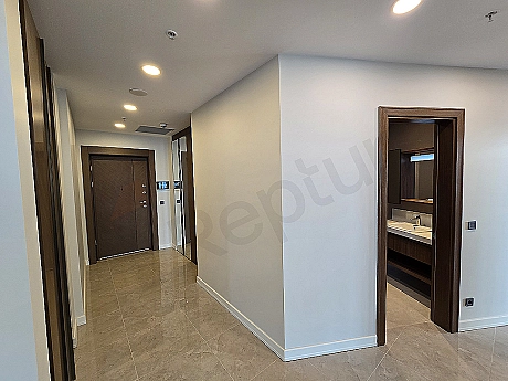 Modern apartment entrance door and lighting detail.