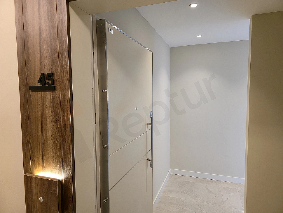 Furnished apartment entrance door detail.